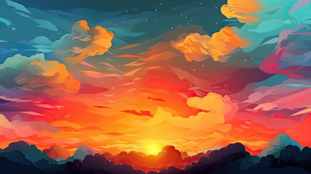 Cielo illustrato con nuvole sole stelle e alba o tramonto Disegno digitale artistico IA generativa atmosferica e onirica