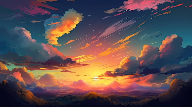 Cielo illustrato con nuvole sole stelle e alba o tramonto Disegno digitale artistico IA generativa atmosferica e onirica