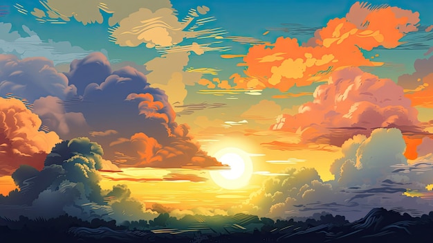 Cielo illustrato con nuvole sole stelle e alba o tramonto Disegno digitale artistico IA generativa atmosferica e onirica