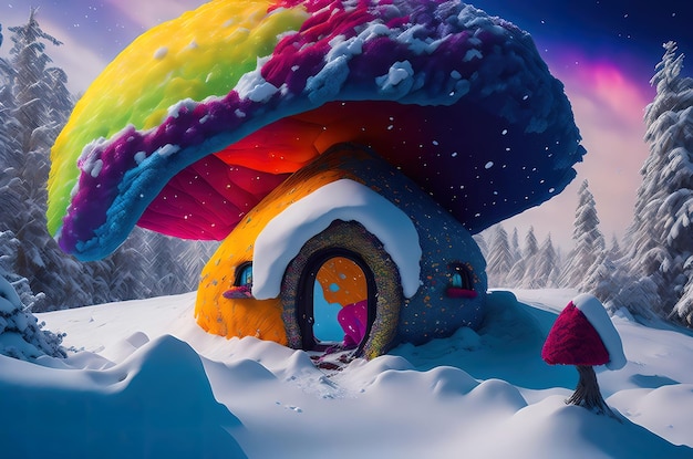 Cielo invernale in multicolore su paesaggio innevato con casa hobbit dei funghi