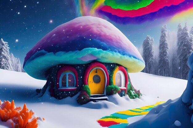 Cielo invernale in multicolore su paesaggio innevato con casa hobbit dei funghi