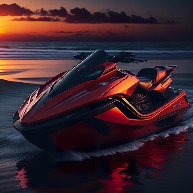 Cielo jet super rosso di lusso con design moderno sull'oceano con il tramonto