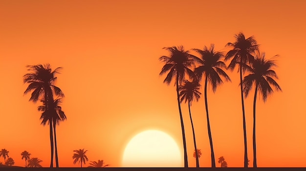 Cielo mattutino a gradiente arancione con alte palme, silhouette sullo sfondo, IA generativa