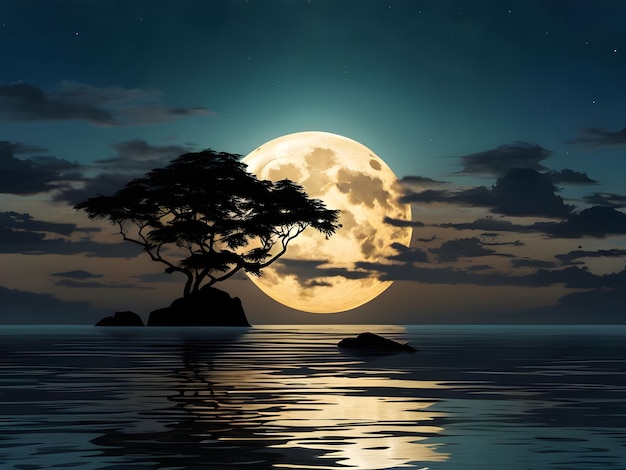 cielo notturno a luna piena con illustrazione di albero marino