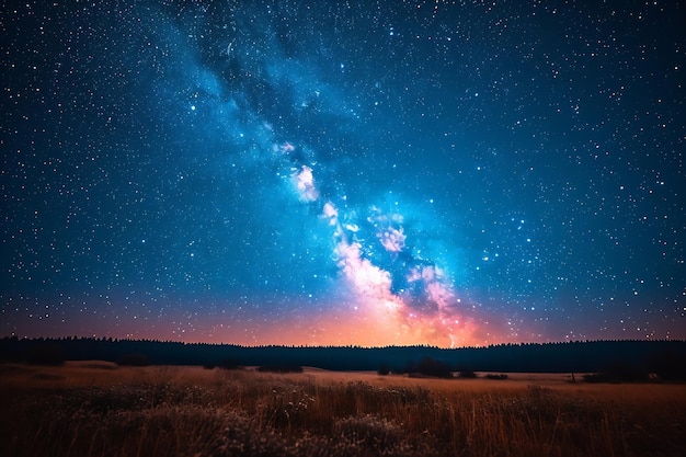 Cielo notturno blu scuro con molte stelle sopra un campo di alberi Parco di Yellowstone IA generativa Milkyway