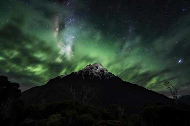 Cielo notturno con aurora boreale e australis che turbinano sopra il picco di una montagna creato con l'IA generativa