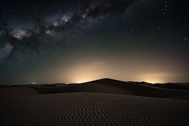 Cielo notturno con stelle che brillano sulle infinite dune di un deserto creato con l'intelligenza artificiale generativa