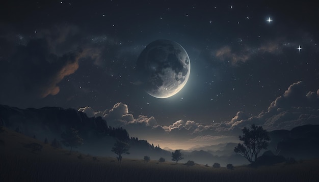 Cielo notturno con stelle e luna. Ai generativa.