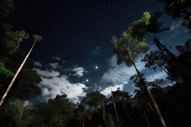 Cielo notturno con stelle e luna che brillano sulla foresta pluviale scura