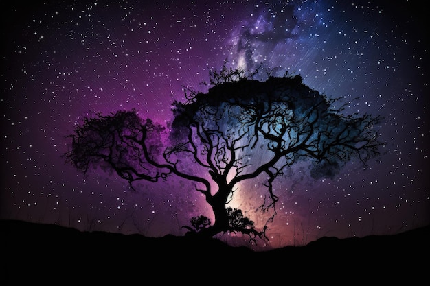 Cielo notturno drammatico con stelle e sagome di alberi mistici