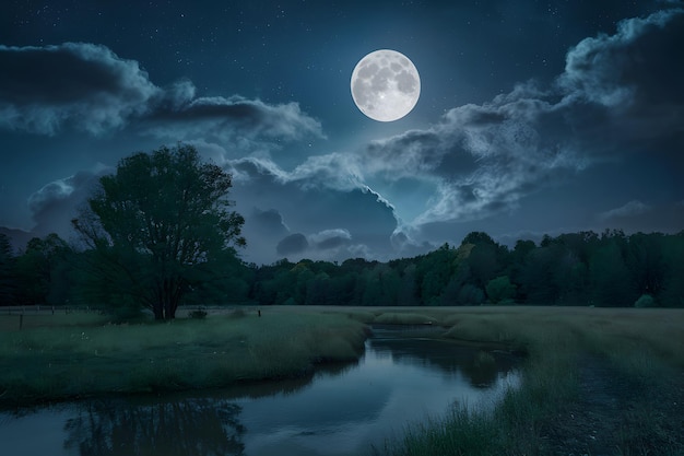 Cielo notturno nuvoloso con luna piena in un paesaggio sereno