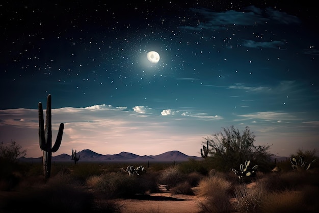 Cielo notturno sopra il deserto con una luna e stelle che brillano luminose create con intelligenza artificiale generativa