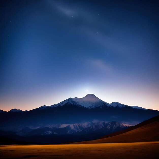 Cielo notturno stellato con la luna piena e una montagna proiettata sullo sfondo