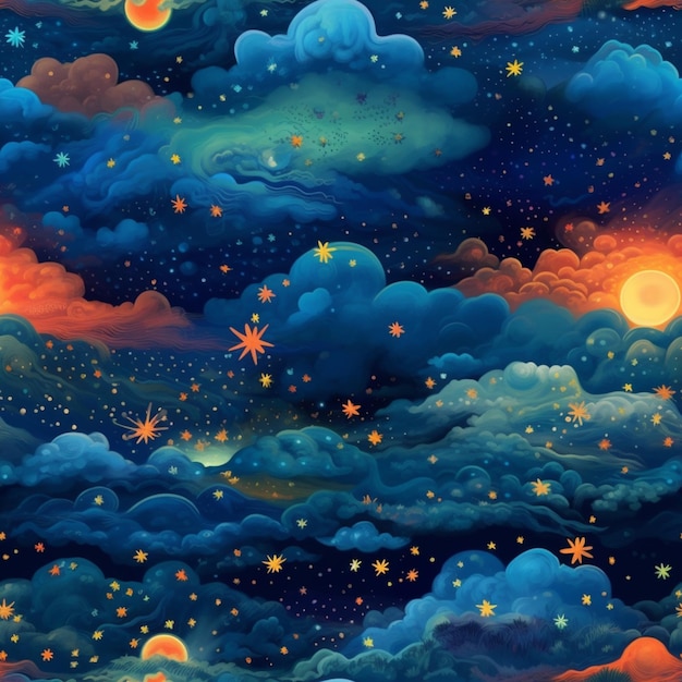 Cielo notturno stellato con nuvole e stelle e luna generativa ai