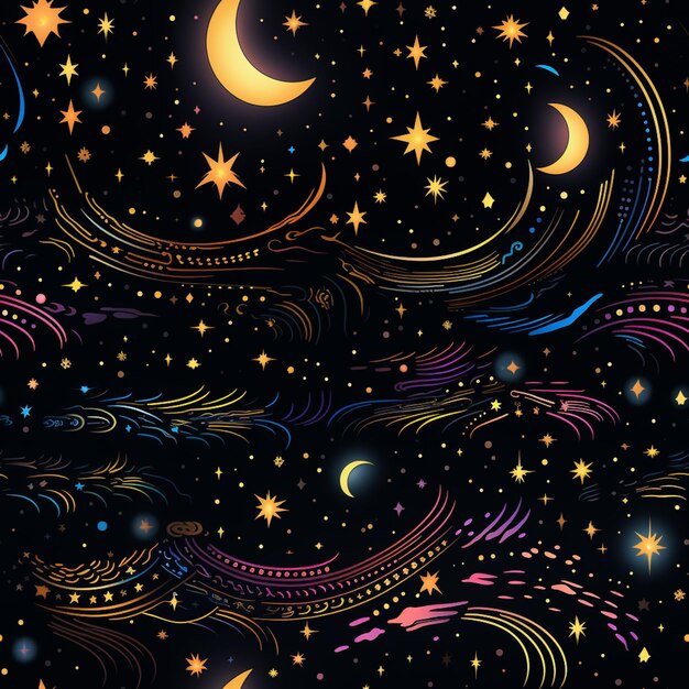 cielo notturno stellato con stelle e vortici e luna generativa ai