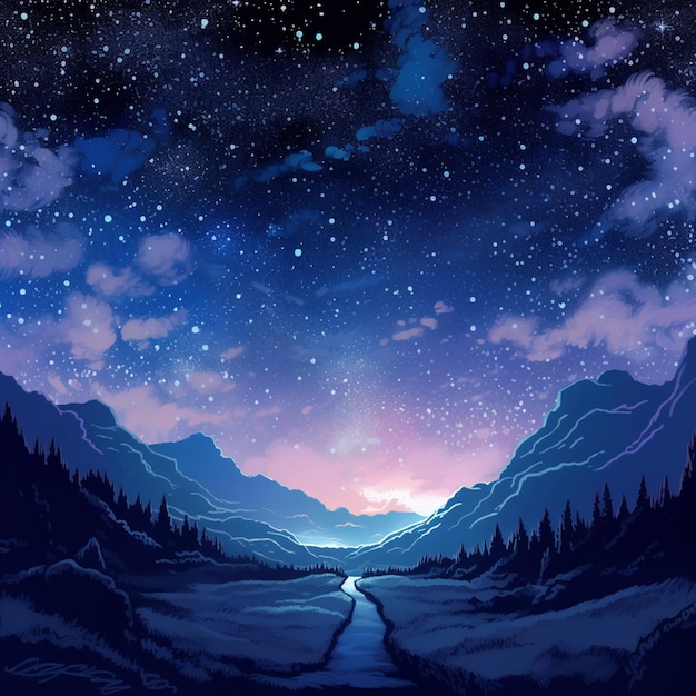 cielo notturno stellato con un fiume e montagne generativo ai.