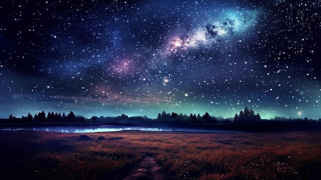 Cielo notturno stellato con un lago e una foresta generativa ai