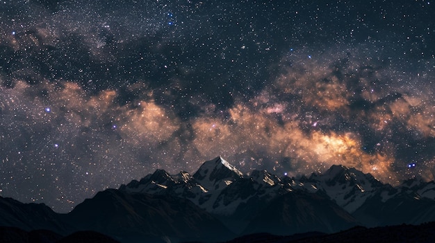 Cielo notturno stellato con vista su una vasta catena montuosa in lontananza vista notturna maestosa e tranquilla