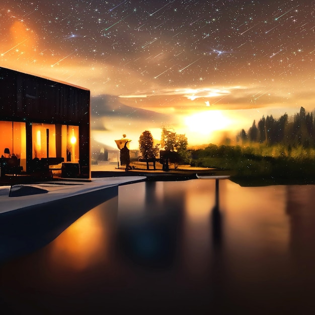 cielo notturno stellato luce lunare resort di lusso piscina acqua riflesso cabina accogliente nella foresta
