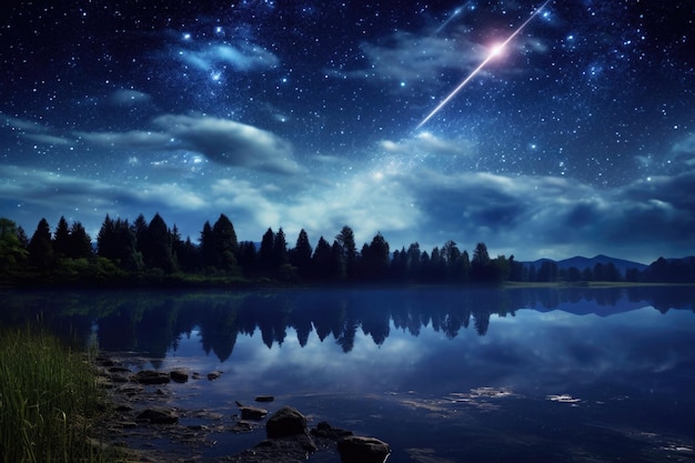 Cielo notturno stellato su un paesaggio sereno con una pioggia di meteoriti visibile