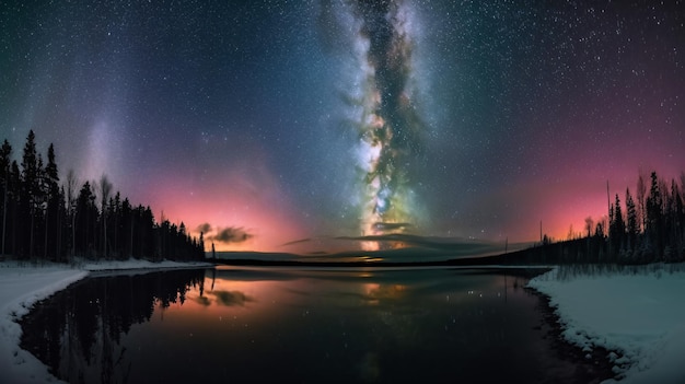 Cielo notturno stellato sull'acqua con Via Lattea e bagliore etereo Uno spettacolo mozzafiato di bellezza cosmica