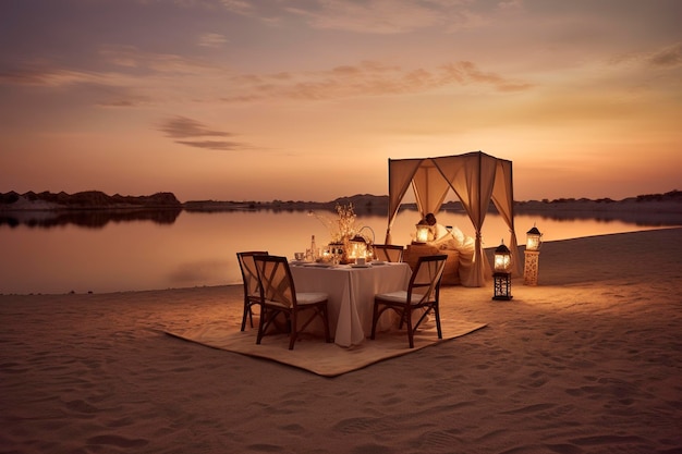 Cielo notturno una tenda elegantemente decorata invita gli ospiti a una squisita esperienza culinaria nei grandi spazi aperti Ai generato