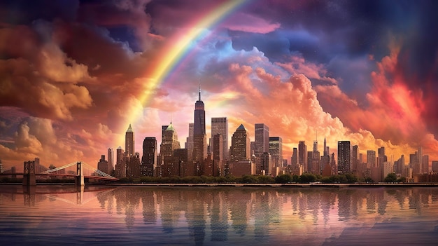 Cielo Rainbo sopra la città futuristica IA generativa