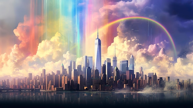 Cielo rainbow sopra la città futuristica AI generativa