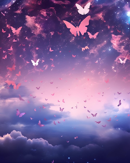 Cielo rosa e viola con farfalle volanti