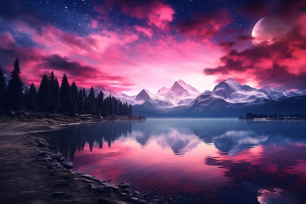 Cielo rosa e viola con luna piena e lago generato dall'intelligenza artificiale