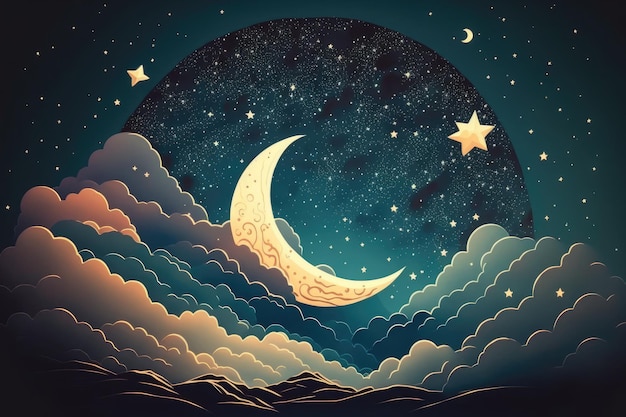 Cielo stellato con mezza luna in scenic cloudscape