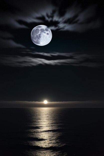 Cielo stellato notturno al chiaro di luna che splende sull'insegna solitaria del fondo della carta da parati dei pensieri solitari dell'acqua di mare