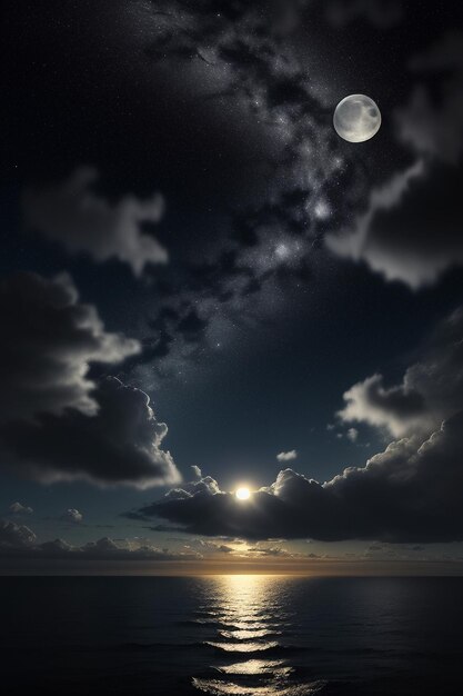 Cielo stellato notturno al chiaro di luna che splende sull'insegna solitaria del fondo della carta da parati dei pensieri solitari dell'acqua di mare