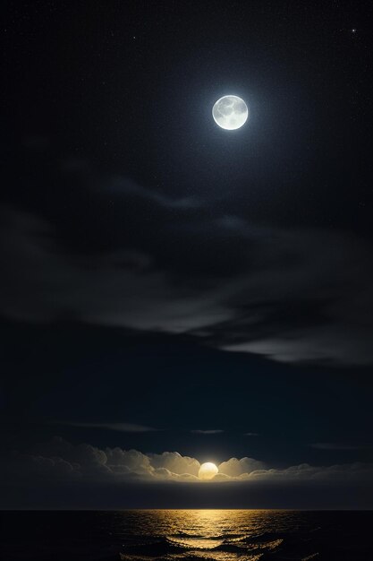 Cielo stellato notturno al chiaro di luna che splende sull'insegna solitaria del fondo della carta da parati dei pensieri solitari dell'acqua di mare