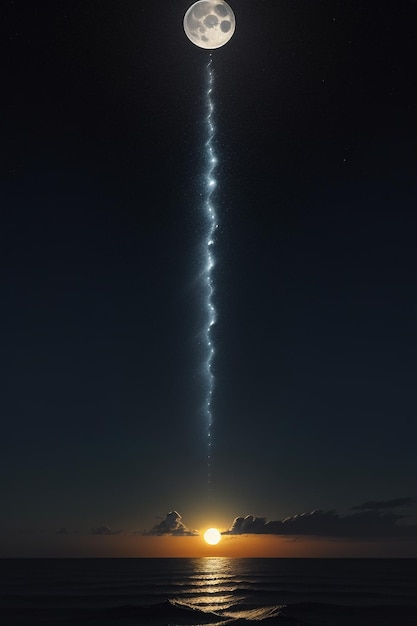 Cielo stellato notturno al chiaro di luna che splende sull'insegna solitaria del fondo della carta da parati dei pensieri solitari dell'acqua di mare