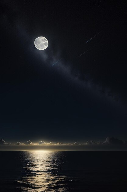 Cielo stellato notturno al chiaro di luna che splende sull'insegna solitaria del fondo della carta da parati dei pensieri solitari dell'acqua di mare