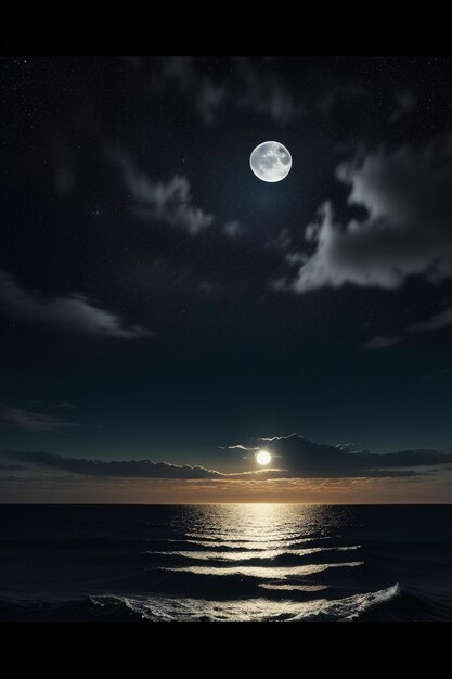 Cielo stellato notturno al chiaro di luna che splende sull'insegna solitaria del fondo della carta da parati dei pensieri solitari dell'acqua di mare