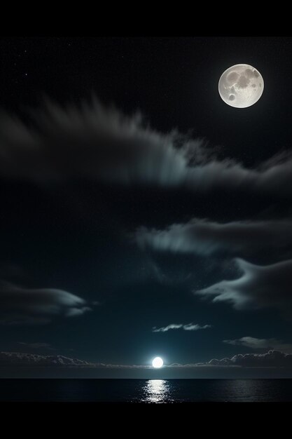 Cielo stellato notturno al chiaro di luna che splende sull'insegna solitaria del fondo della carta da parati dei pensieri solitari dell'acqua di mare