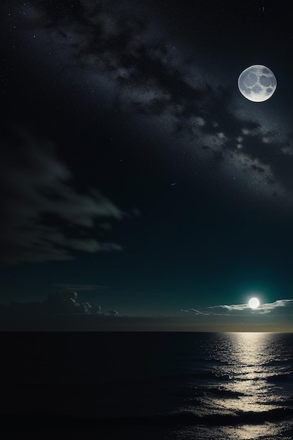 Cielo stellato notturno al chiaro di luna che splende sull'insegna solitaria del fondo della carta da parati dei pensieri solitari dell'acqua di mare