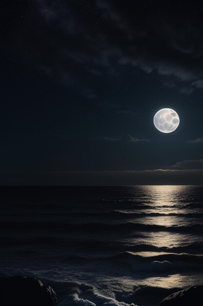 Cielo stellato notturno al chiaro di luna che splende sull'insegna solitaria del fondo della carta da parati dei pensieri solitari dell'acqua di mare