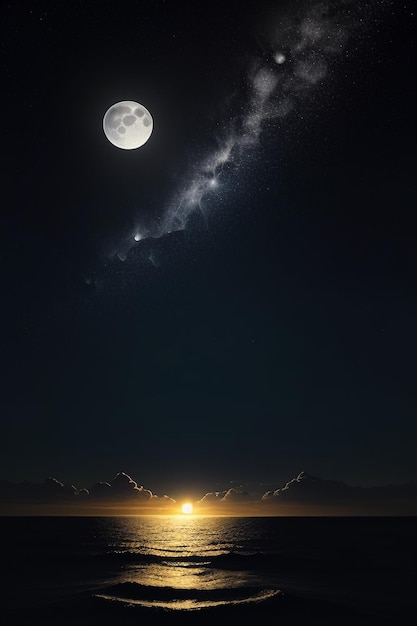 Cielo stellato notturno al chiaro di luna che splende sull'insegna solitaria del fondo della carta da parati dei pensieri solitari dell'acqua di mare