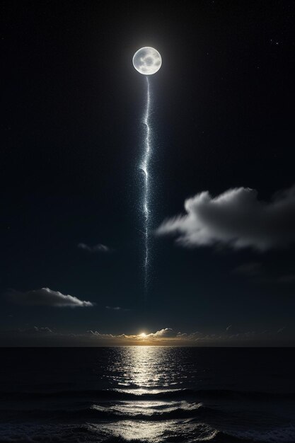 Cielo stellato notturno al chiaro di luna che splende sull'insegna solitaria del fondo della carta da parati dei pensieri solitari dell'acqua di mare