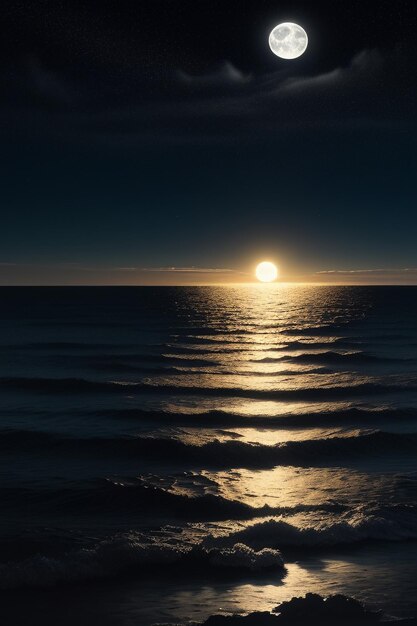 Cielo stellato notturno al chiaro di luna che splende sull'insegna solitaria del fondo della carta da parati dei pensieri solitari dell'acqua di mare