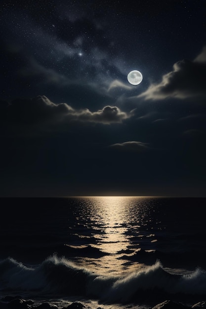 Cielo stellato notturno al chiaro di luna che splende sull'insegna solitaria del fondo della carta da parati dei pensieri solitari dell'acqua di mare