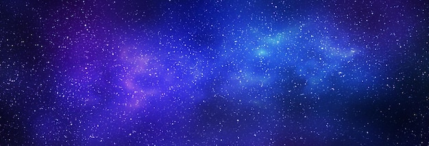 Cielo stellato notturno e galassia blu brillante, banner di sfondo orizzontale. illustrazione 3d della via lattea e dell'universo