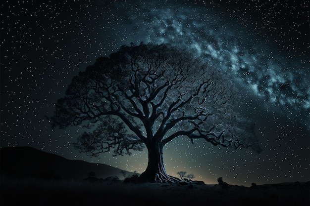Cielo stellato notturno tra la sagoma dell'albero scuro