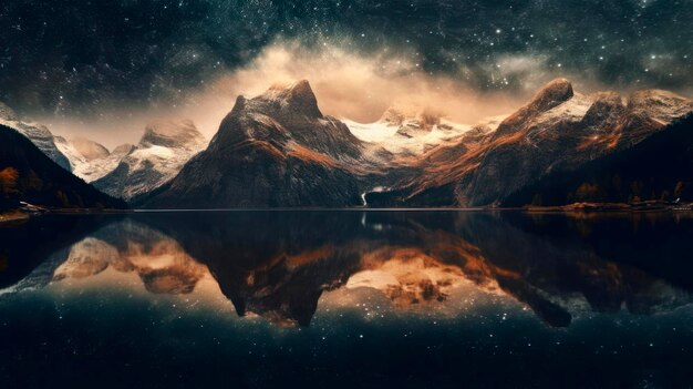 Cielo stellato su montagne e lago