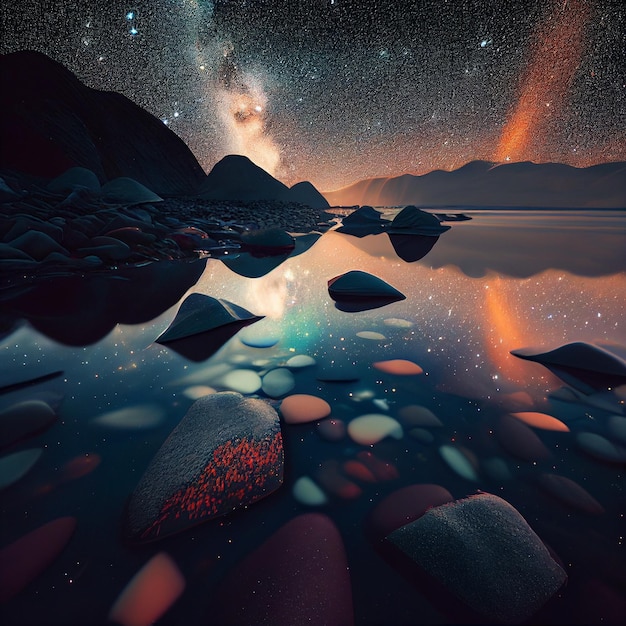 Cielo stellato su uno specchio d'acqua con rocce e bagliore arancione brillante ai generativo