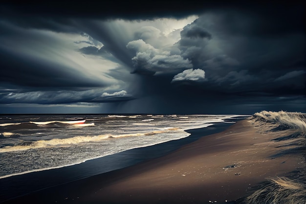 Cielo tempestoso sul mare sulla costa dopo l'uragano