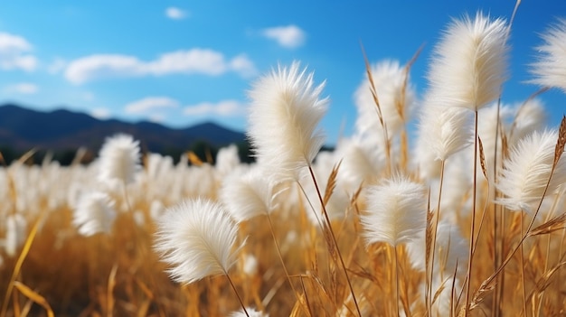 Cielo turchese con soffici nuvole in contrasto con canne e alberi Un ambiente naturale per la copia GENERATE AI